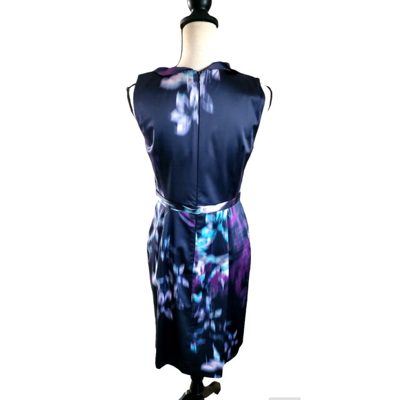 Elie Tahari Black & Purple Abstract Print Ruffle Sleeveless Silk Sheath Dress S - Picture 3 of 4